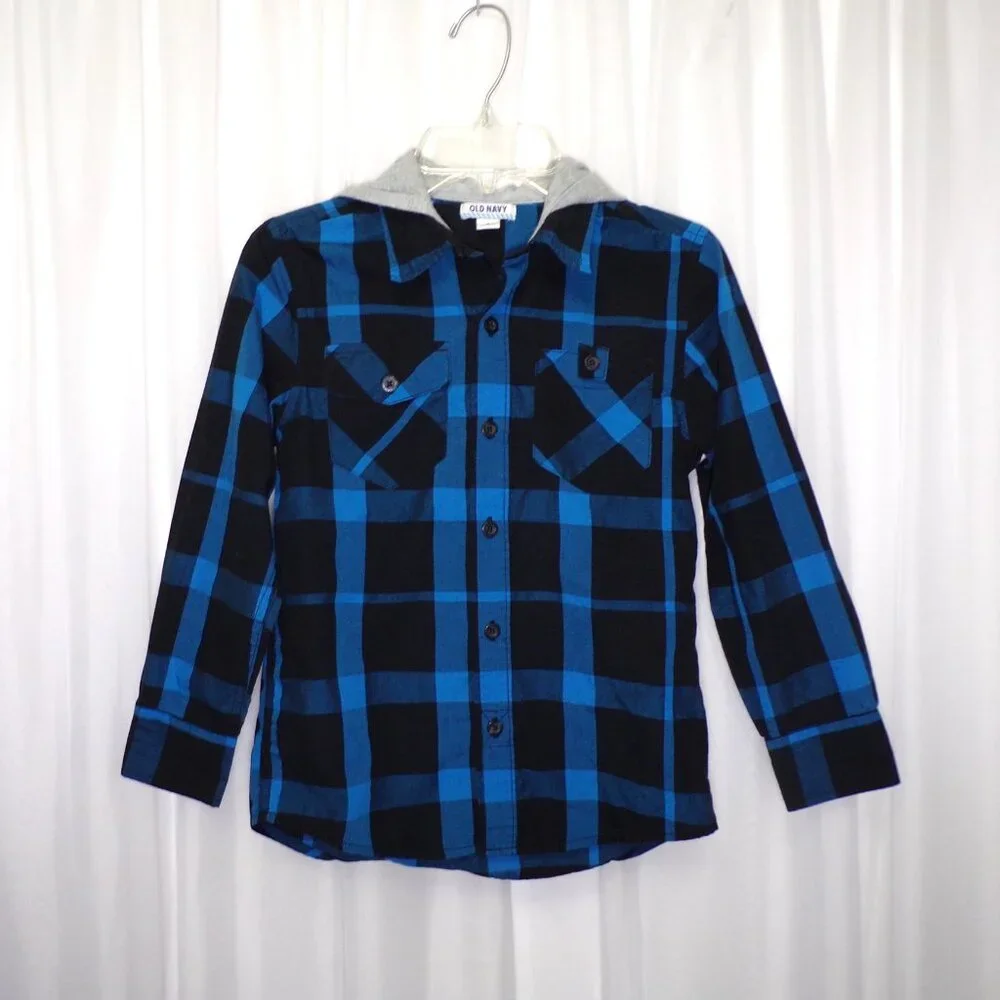 Old Navy Boys Plaid Button Up Shirt Hoodie Size Small Blue Black Pockets School